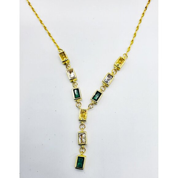 Emerald Cut Green Yellow & Clear Stones Gold Plated Y Necklace 16" NWOT - Picture 1 of 4
